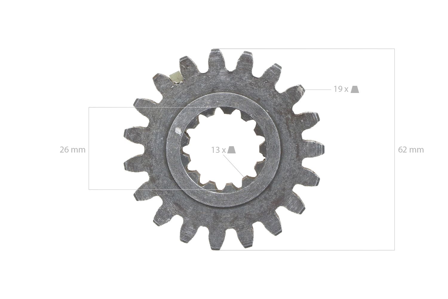 Pinon 13 / 19 dientes TDF Iseki TU-, TX-Tipos, Bolens, Massey Ferguson, White,