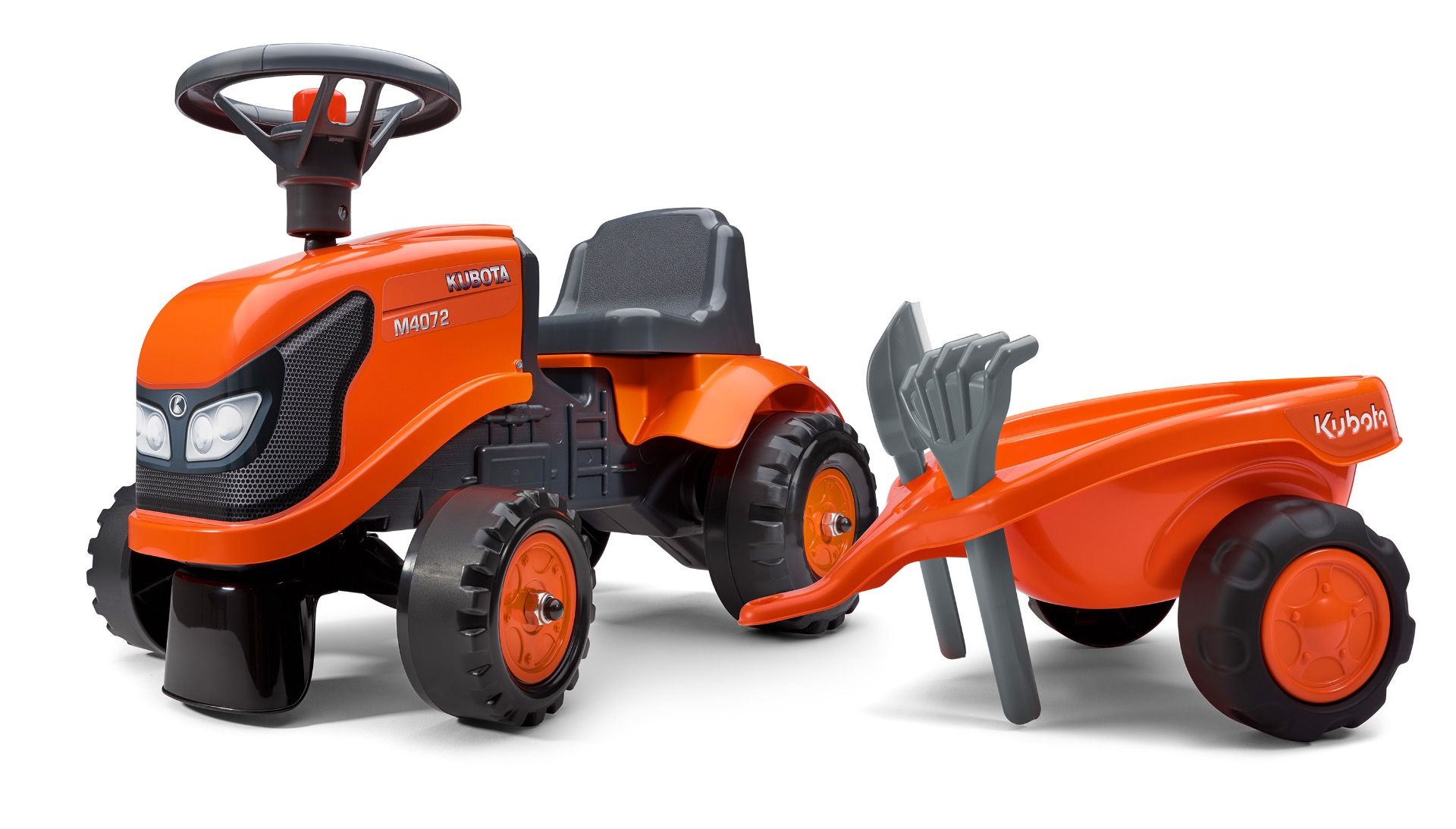 Kubota M4072 Juguete de Montar Tractor para Niños Aprendiendo a Caminar con remolque y herramientas