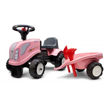 Rosa New-Holland Juguete de Montar Tractor para Niños Aprendiendo a Caminar con remolque y herramientas